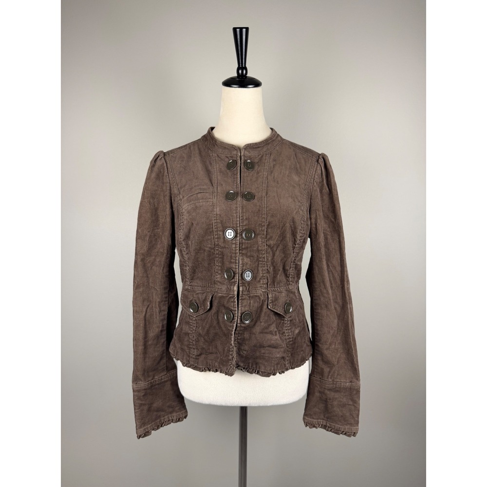 Cidra Jacket Corduroy Military Puff Shoulder 6 Brown Ruffle Anthropologie
